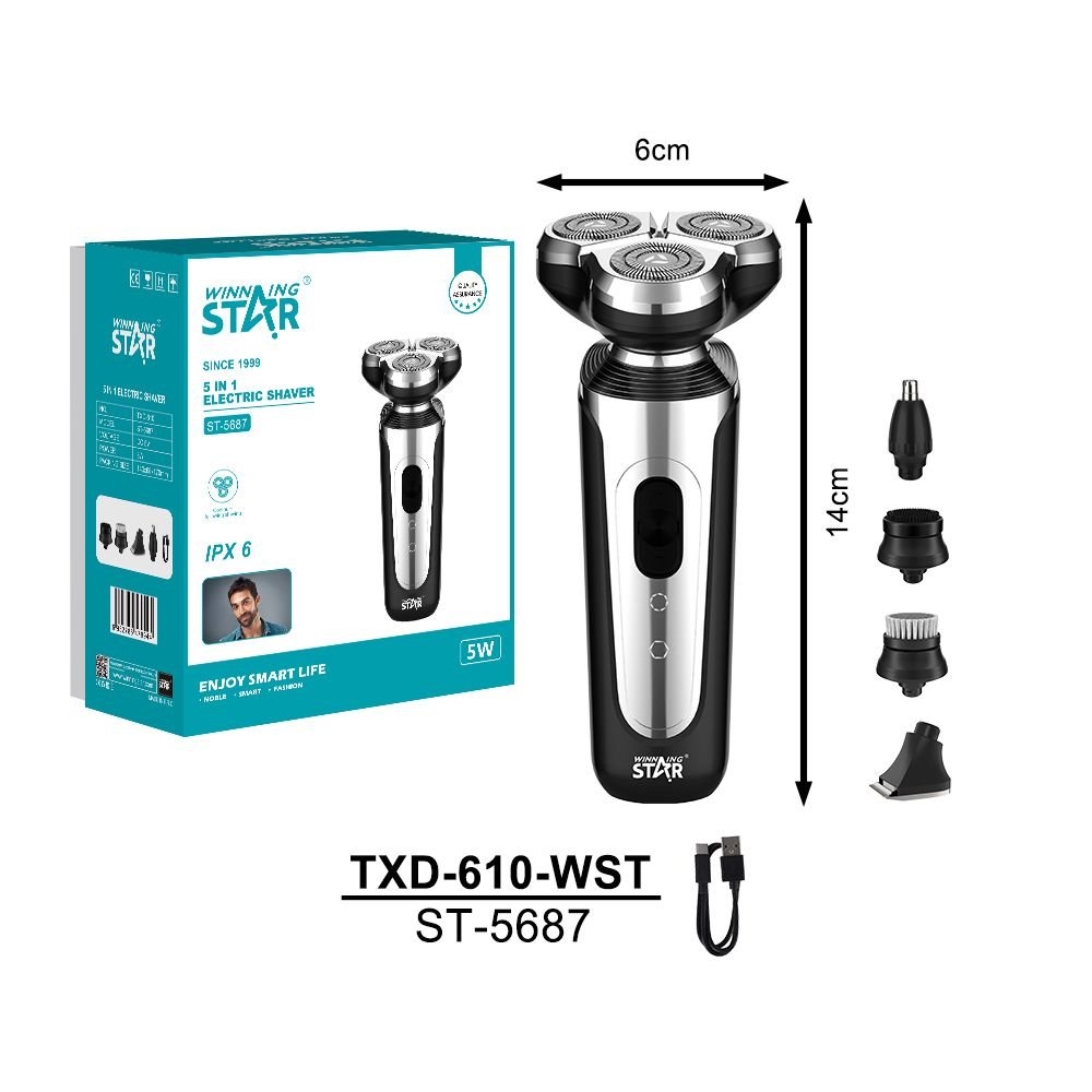 ST-5687 WINNING STAR Rasoir Électrique Rechargeable 5 en 1, Rotatif, Étanche IPX6, 5W