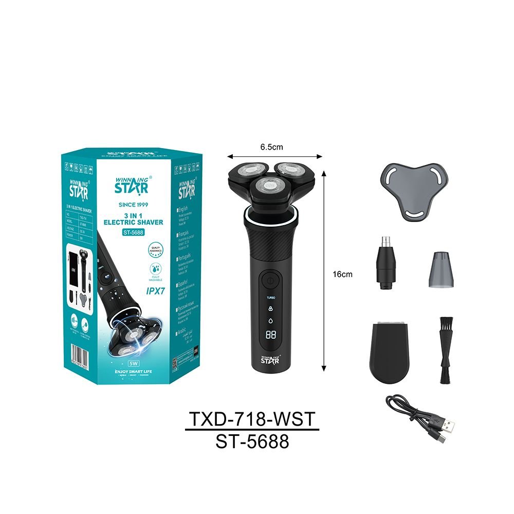 ST-5688 Rasoir Électrique Rotatif Rechargeable 3 en 1 - WINNING STAR