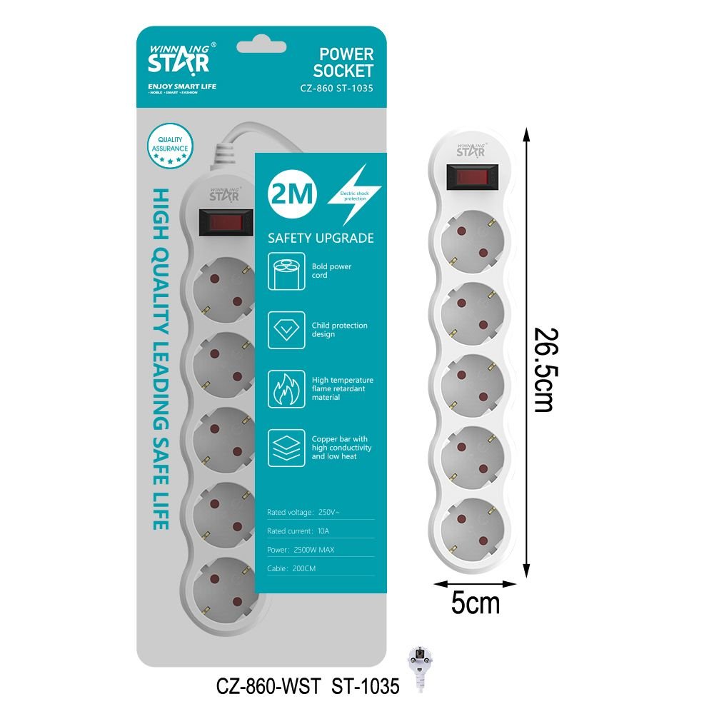 ST-1035 Rallonge Électrique 2m à 5 Prises avec 1 Interrupteur