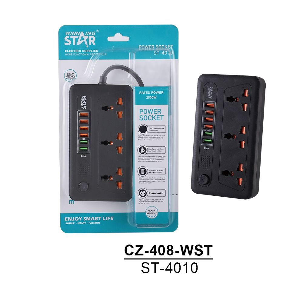 ST-4010 Multiprise Électrique Noire 6 Ports USB et 3 Prises Universelles avec Interrupteur