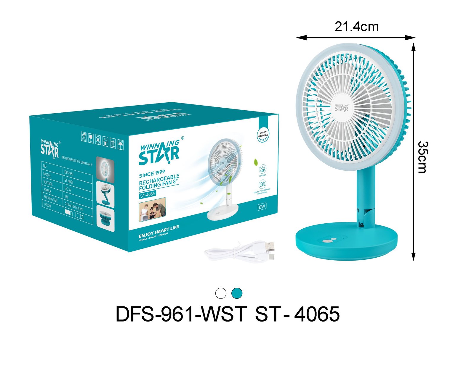 ST-4065 WINNING STAR Ventilateur de Table Pliable 8" DC5V Rechargeable