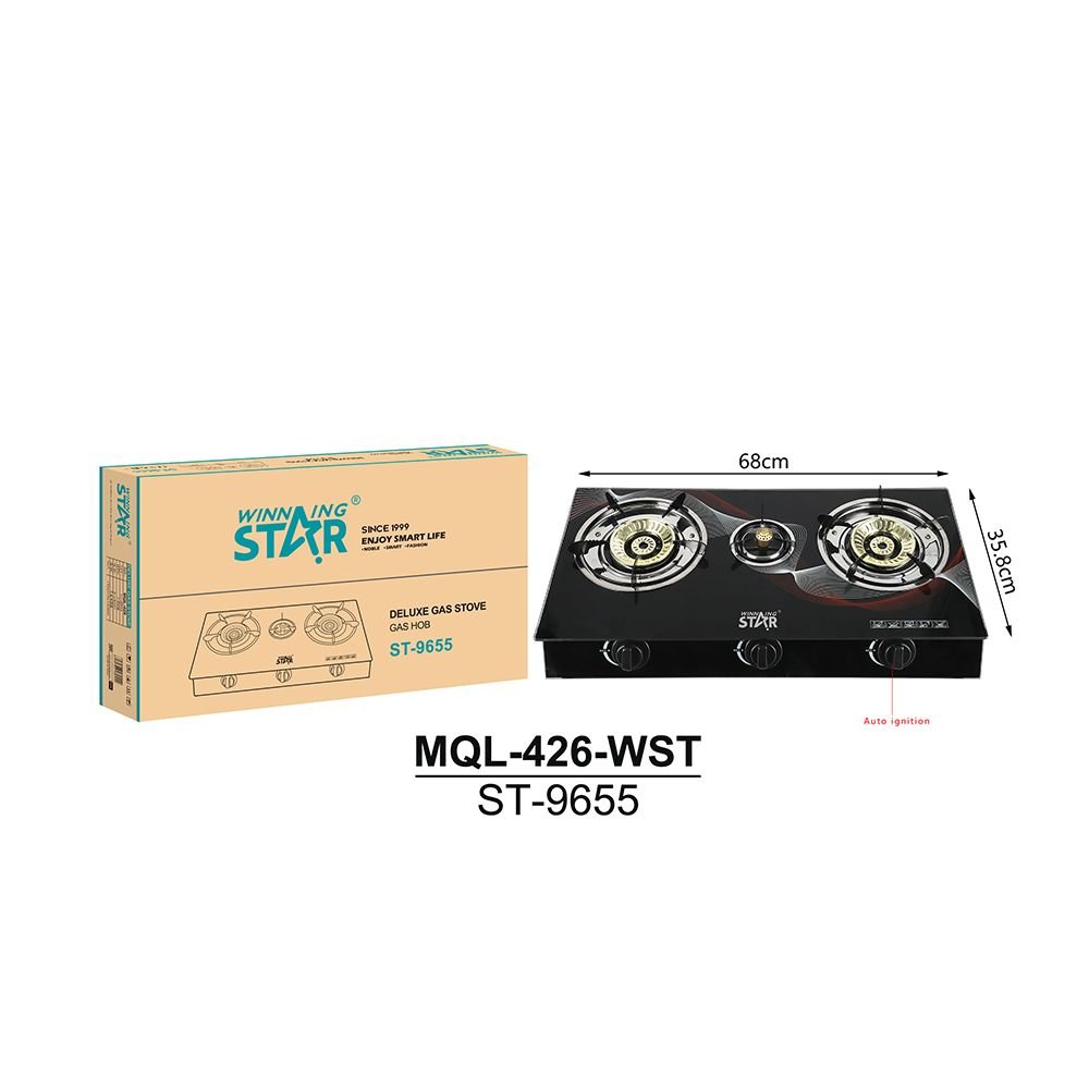 ST-9655 WINNING STAR - Cuisinière à Gaz Deluxe 3 Feux en Verre Trempé