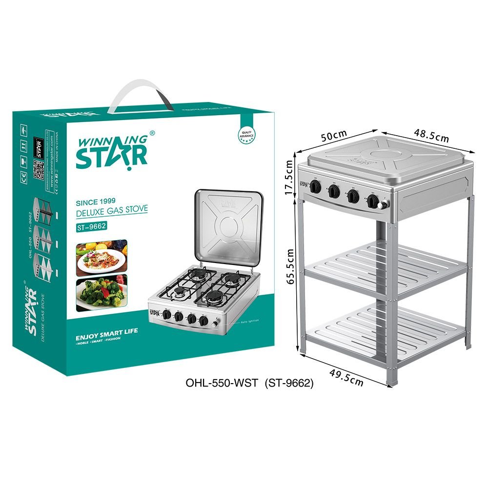 ST-9662 WINNING STAR Cuisinière à Gaz de Camping Deluxe 4 Feux avec Allumage à Impulsion et Pieds Support