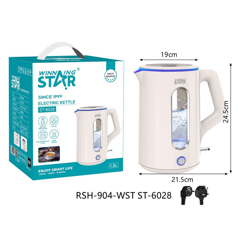 Bouilloire Électrique en Verre ST-6028 WINNING STAR - 1.5L 1500W avec Affichage Visuel