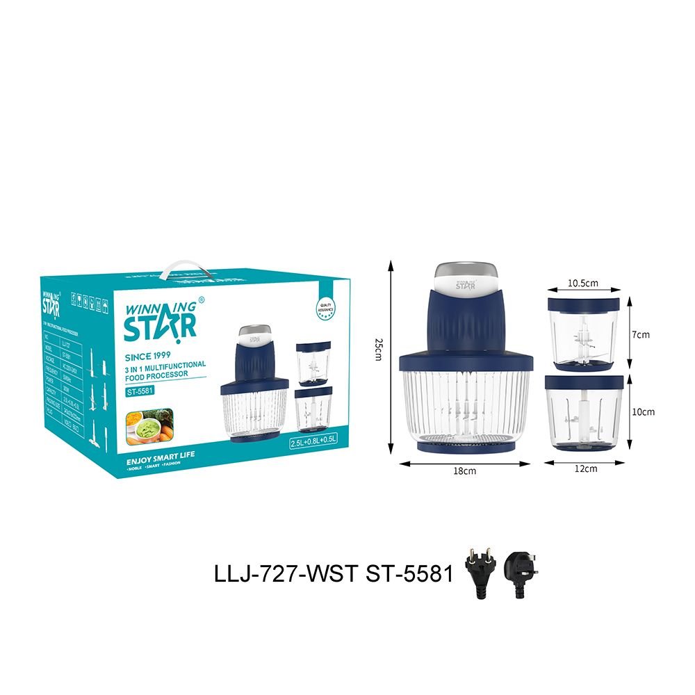 ST-5581 WINNING STAR - Robot Multifonction 3 en 1, Hachoir à Viande Électrique 300W, Bol en Verre 2.5L